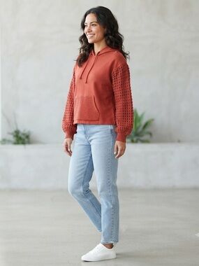 Time and Tru Terracotta Red Hoodie Sweatshirt Size L 12-14 Crochet Knit Sleeves